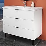 HAPAOSO Meuble de Salle de Bain avec Vasque Pierre Artificielle 99 cm. Blanc Meuble de Rangement, 3 tiroirs