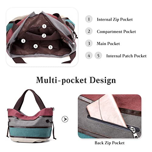 Image of Women Shoulder Bag Large Canvas Handbag Multi-Color Striped Crossbody Bag Satchel Ladies Hobo Tote for Travel Work Shopping Daily Use Orange