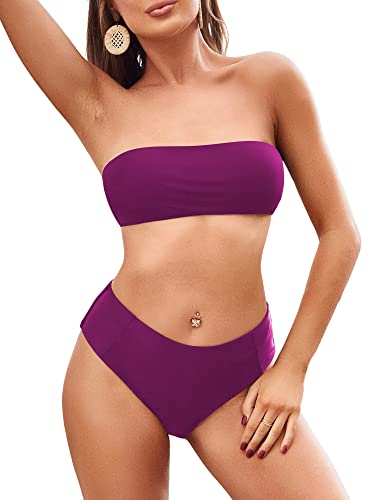 Image of ZAFUL Women's High Cut Bandeau Bikini Set Strapless Solid Color 2 Pieces Bathing Suit Swimsuit