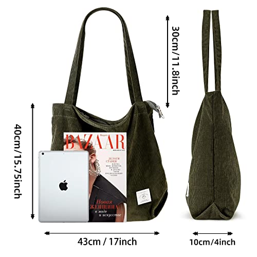 Image of KALIDI Women Corduroy Tote Bag Zipper Casual Tote's Handbag Big Capacity Shoulder Bag with Pockets