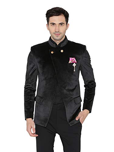WINTAGE Men's Velvet Casual and Festive Indian Jodhpuri Grandad Bandhgala Blazer : Black