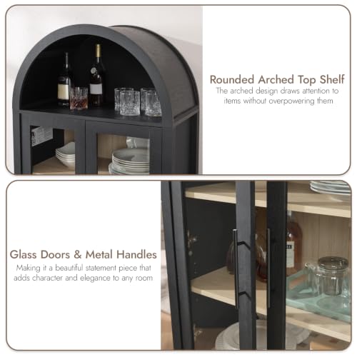Image of 71 inch Tall Arched Display Cabinet, 5-Tier Bookshelf Modern Farmhouse Arched Bookcase with Glass Doors and Shelves, Wooden Pantry Storage Cabinet for Living Room, Office and Kitchen, Black