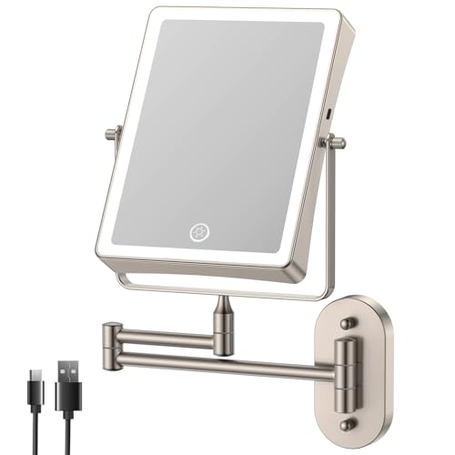 FASCINATE Wiederaufladbarer Kosmetikspiegel mit 1X/10X Vergrößerung, 3 dimmbare Lichtfarben, Touchscreen, 360° dreh schwenkbar für Wandmontage Rasierspiegel, Schminkspiegel für Badezimmer (Nickel)
