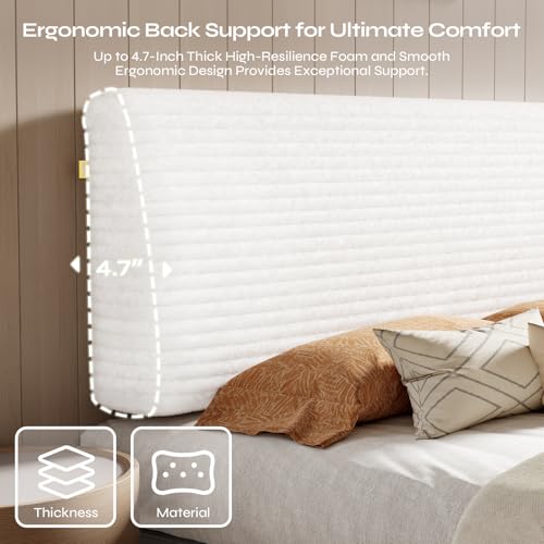 Image of Pinmoco 4.7 inch Upholstered Headboard for King Size Bed, Height Adjustable and Ergonomic Headboard, Easy Assemble, Sturdy and Durable, Corduroy, White