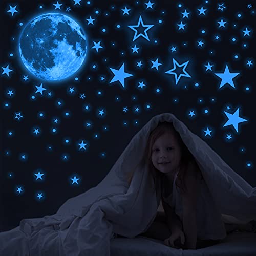 Glow in The Dark Stars for Ceiling, 1050 PCS Glow in The Dark Stars and Moon Wall Decals, Glowing Star Decal Decoration Ceiling Stars Stickers for Kids Room Decor Aesthetic(Blue)