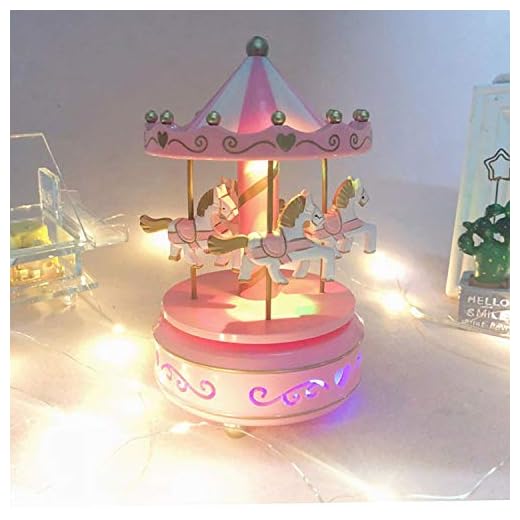 Karussell Hölzernes Vintage Spieluhr 4 Pferd Rotierende Musikbox mit bunter Beleuchtung LED Leuchtend Spielzeug Dekoration Weihnachten Geschenk für Mädchen Kinder