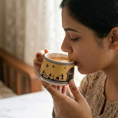 Image of The Earth Store Yellow Warli Art Ceramic Tea Cup Set of 6 for Tea | 140ML Each | Microwave & Dishwasher Safe | Perfect for Every Occasion Chai | Coffee Cups for Home, Office, Gifting & Daily Use