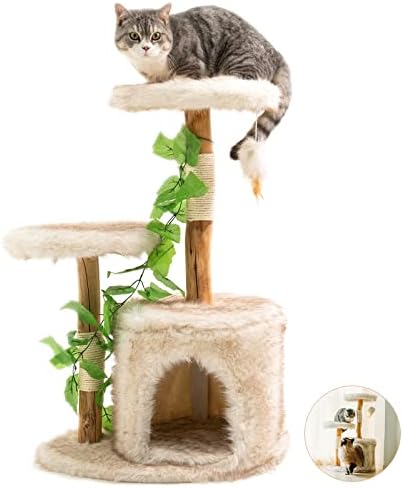 Pegic Modern Cat Tree for Indoor Cats, Real Branch Wood Cat Tower with Luxury Cat Condo, Cat Scratching Post, Jumping Platforms, Cat Furniture Suits for Cat Ups to 22lbs