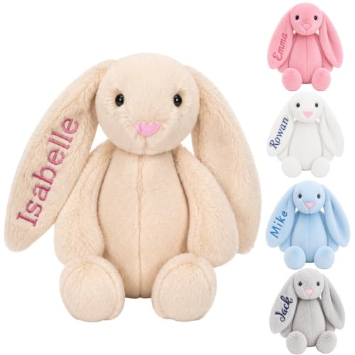 DreamBuy Personalised or Plain Plush Bunny Soft Toy Grey White Pink or Beige Custom Name Embroidery Baby Gift for Easter (Beige)