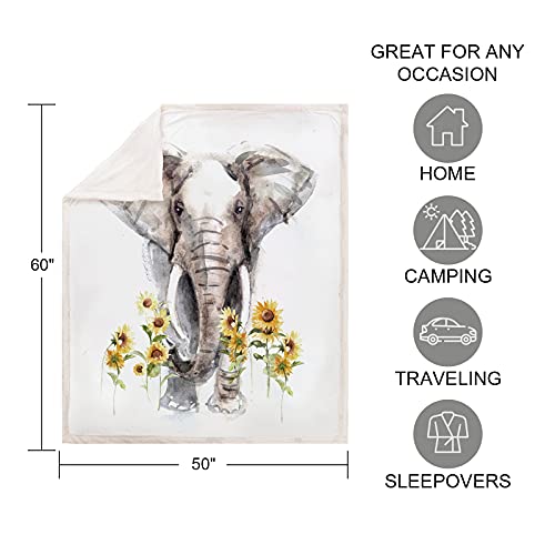 Elephant Blanket Sherpa Fleece Throw Blanket, Sunflower Elephant Gifts For Women Adults, Super Soft Elephant Blankets For Women, Warm Cozy Plush Bed Throws Blanket For Couch Sofa 50" X60 #TOP2
