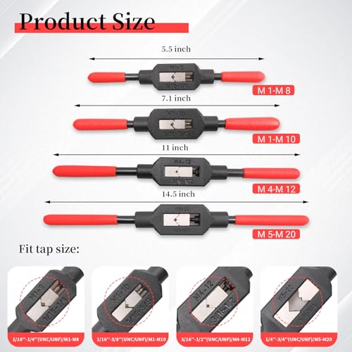 Image of 4 Pcs Adjustable Tap Wrench Screw Holder Reamer Hand Tool with Plastic Dipped Non-Slip Handle for Tap Reamer (1 /4 inch-3 /4 inch, 3 /16''-1 /2'', 1 /16''-3 /8'', 1 /16 inch-1 /4 inch)