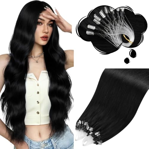 Moresoo Microlink Hair Extensions Human Hair Jet Black, 24 Inch 50G, Invisible Seamless, Micro Bead Extensions Cold Fusions, Adds Length and Full Volume, for Wedding Party Cosplay and Special Events
