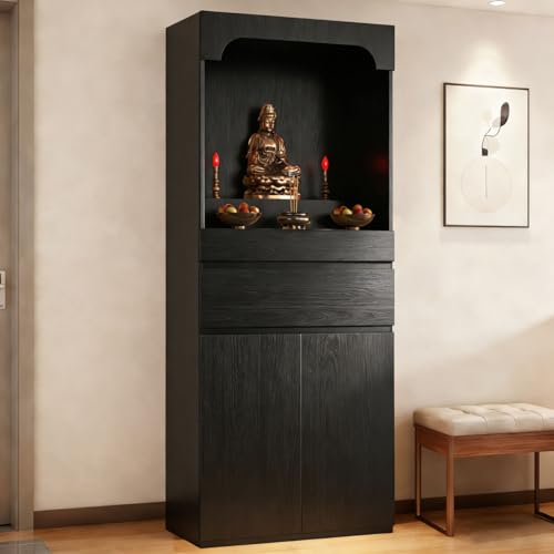 UxxStore Altar Table, Pooja Cabinet with Drawers and Storage Cabinets, Solid Wood Prayer Table, Pedestal Tables Buddhist Altar Cabinet, for Home Office Or Temple Worship, Design for Prayer Items
