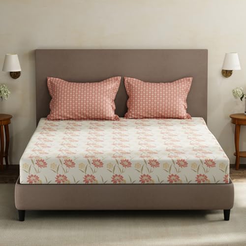 Image of Layers 100% Cotton King Size Bedsheet Set | White & Pink Floral Print | 120 TC Forever Collection | Soft & Breathable | Washable Bedsheet with 2 Pillow Covers | All Season