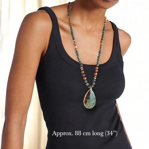 Long Genuine Stone beads and Pendant Necklace for Woman. Hand Knotted natural stone beads with big non-precious stone statement necklace. HANDMADE Boho Jewelry for women (Turquoise Green)4