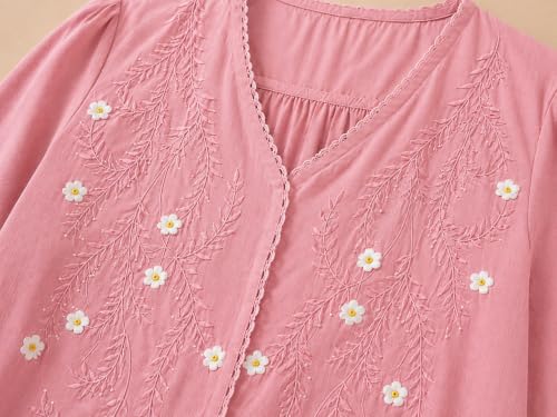 Image of RIEKA Womens Embroidered Korean Style Top and Tunic; V Neck| Floral Thread Embroidery| Three Quarter Puff Sleeves |Relaxed Fit Curved Hem| Casual Everyday Fusion Top