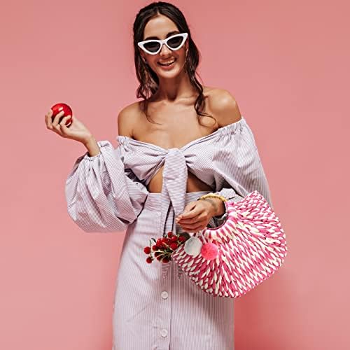 Miniatura 3 de Bolsa de paja para mujer Bolsa de playa tejida para bolso de verano Bolso de mano con mango de bambú, Rosado