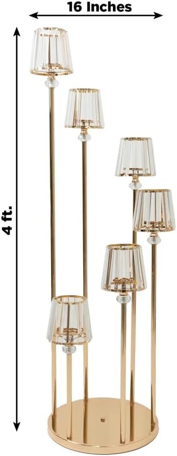 4 feet Gold 6 Arm Round Crystal Pendant Candelabra Tealight Candle Holder Wedding Reception Centerpiece Candle Stand Event Table Decor Banquet Home Decoration Supplies