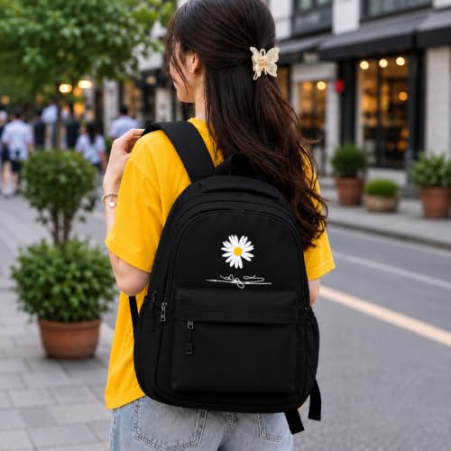 Image of Daisy Flower Printed Backpack for Girls & Women | Water Resistant School College Bag | Lightweight Casual Travel Backpack with Multiple Compartments | Black