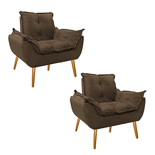 Kit 2 Poltronas Cadeiras Decorativas Opala Suede Marrom Pés Palito para Recepção Sala de Estar Consu