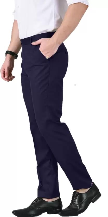 Image of MANIL Men Regular Fit Cotton Blend Trousers, Formal Cotton Trouser