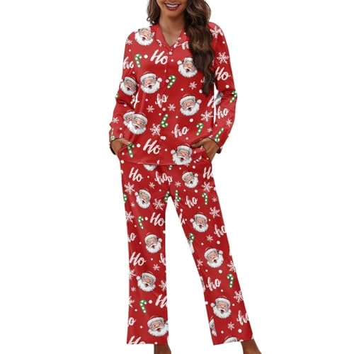Sellikakes Christmas 2 pcs Women's Pajamas Set Santa Claus Candy Pattern Pajama Sets Long Sleeve Casual Soft Comfortable Lounge Set Pockets Fall Outfits Machine Washable