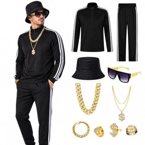 Maazusa 80s Tracksuit for Men,80S Costumes for Men 90s Hip Hop Outifits With Accessaries Black Tracksuit Rapper Workout Costume For 80s 90s Party Theme Parties Disco Parties Hip-Hop Competitions (XL)