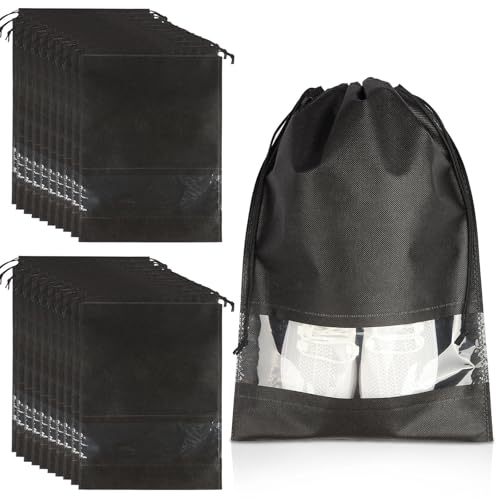Crynvor 20 Piezas Bolsas Zapatos Almacenaje, Bolsa Zapatillas Deporte Prueba de Polvo, Bolsa Organizador de Viaje con Cordón y Ranura Transparente, para Zapatos de Hombres y Mujeres, 32X44CM, Negro