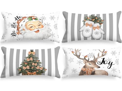 Lanpn Juego de 4 Fundas Cojin Navidad 30x50 cm, Funda Cojines Decorativos Navideños de Papá Noel Vintage Fundas de Almohada Navideñas Decoración Hogar Navidena para Dormitorio Sofá (Blanco y Gris)
