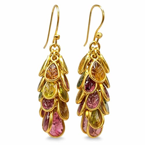 Boucles d'oreilles en tourmaline multicolore, argent 925 massif et artisanat tibétain