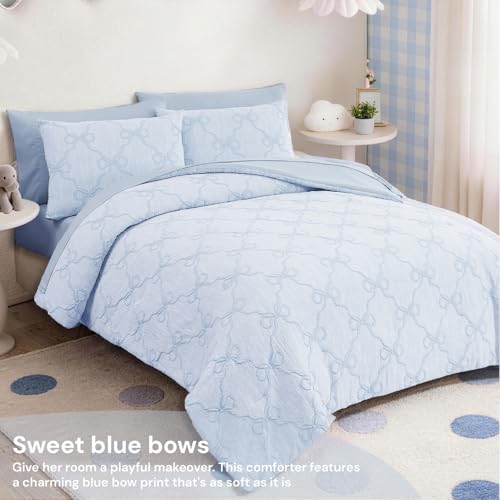 Image of BLOOMHAVEN Queen Comforter Set for Girls, 7 Pieces Blue Bow Bedding Set, All Seasons Bed in a Bag with Sheets, Pillowcases & Shams