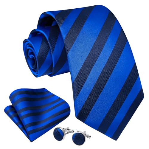 Image of Enlision Mens Ties Stripe Tie and Pocket Square Set Classic Formal Woven Neckties Handkerchief Cufflinks Wedding