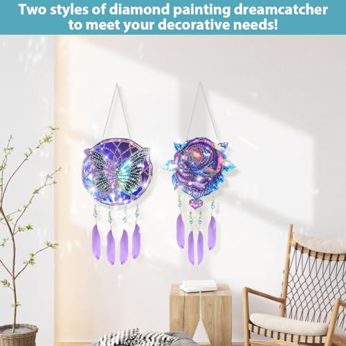 AUAUY Diamond Painting łapacz snów, zestaw do majsterkowania, 2 sztuki wierteł punktowych 5D "zrób to sam", malowanie diamentami, dzwonki wietrzne, fioletowe, dwustronne malowanie, ornamenty z