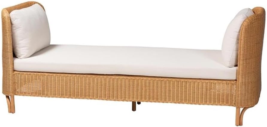 Pemberly Row Braided Rattan Daybed, Light Honey Finish, 82 in x 35 in x 33 in, Includes Foam Cushion and 2 Pillows, Symmetrical Handcrafted Design, Bohemian Style, Ideal for Living Room or Guest Room