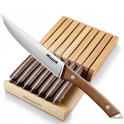 Comparison: Best Steak Knives Holder 8 Huusk Steak Knives Set of 8 with Drawer Organizer-4.5 in Japanese Serrated Steak Knife Set with Block, Serrated & Straight Dual-Edge, Stainless Steel Steaks Knives with Holder, Christmas Gifts for Men