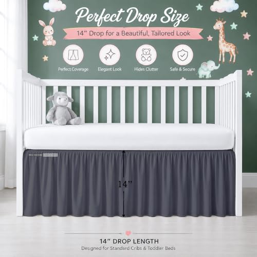 Image of Cotton Crib Bed Skirt Dust Ruffle with Split Corners, 14 inch Drop, Dark Grey | Nursery Standard Crib Bedding Bed Skirt for Baby Boys and Baby Girls. Hides Under-Crib Storage for a Neat Appearance