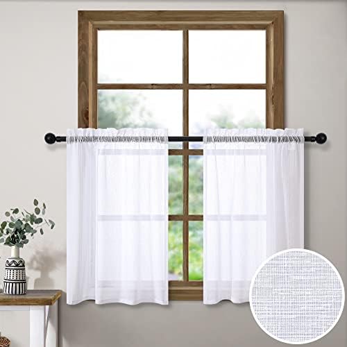 White Short Sheer Curtains 36 Inch Length for Kitchen Door 2 Panel Set Rod Pocket Cafe Curtains Linen Look Semi Sheer Tier Curtains for Small Window Bathroom Basement Kids Farmhouse Decor 30x36 Long