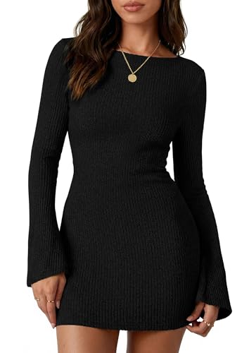 PRETTYGARDEN Womens Fall Bell Long Sleeve Mini Dress 2026 Casual Boat Neck Ribbed Bodycon Short Party Cocktail Dresses (Black,Medium)