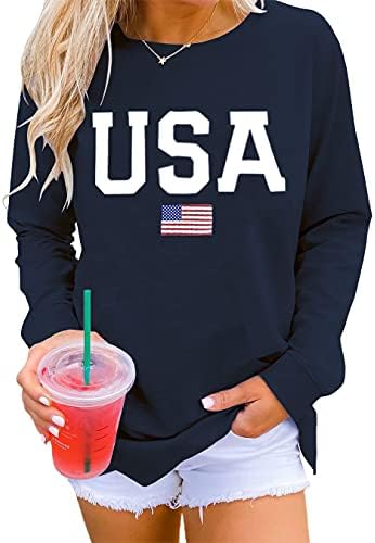 Dressmine Women's Casual USA Flag Fourth of July Shirts America Top Long Sleeve Graphic Crew Neck Sweatshirt Pullover Navy Blue 2X-Large
