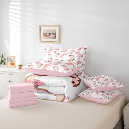 Feelyou Cowgirl Western Comforter Set with Sheets Pink Cowgirl Bowknot Bed in a Bag for Kids Boys Girls Bedroom Bed Decor Cowboy Boots Horseshoe 7 Piece Bedding Set Twin Size Wild West Soft Bed Set by Feelyou - Used condition - Image 6