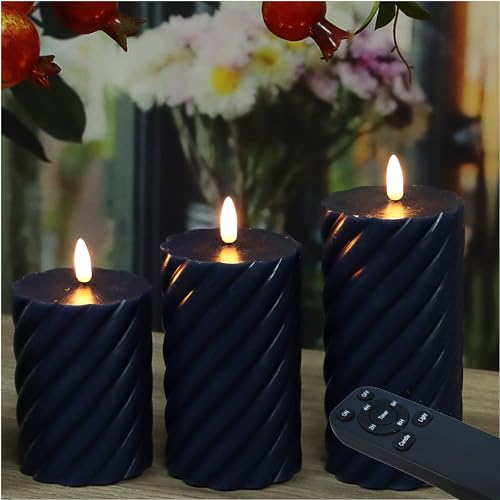 Image of QIDEA Navy Blue Wax Candles Flameless Wax Pillar Candles with Remote Timer | Battery Operated LED Flickering decorative Wax Candles for Home Wedding Party Centerpiece Xmas Decor 3 PCS 3 inchX 4 inch, 5 inch, 6 inch