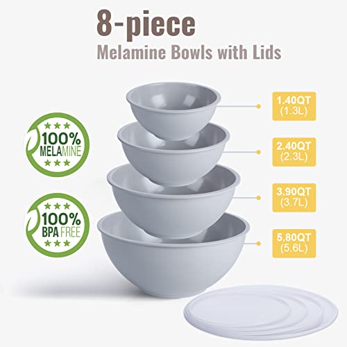 Joviton 8-Piece Light Gray Melamine Mixing Bowls With Lids Set, Large Mixing Bowl For Kitchen, Great Nesting Bowls For Space Saving Storage #TOP7