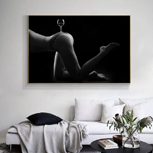 LeinwandSchwarz Weiße Sexy Frau Mit Glas Weißwein Porträt Bilderposter Leinwand Wand Bilder Bilder Für Schlafzimmerdekoration30x45cm Cover