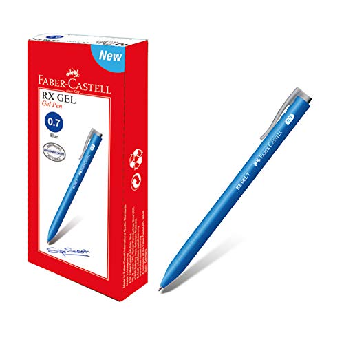 Faber-Castell RX Gel Pen Box of 10 (0.7mm, Blue) Ergonomic Pen for Office Usage, Conical Tip, Fade-proof, Waterproof, High Color Intensity, Document proof, Retractable Pen with Slim Design