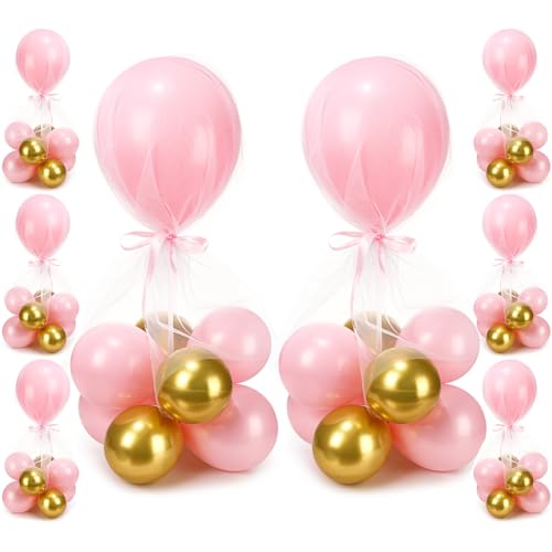 BBTO 8 Set Pink Gold Table Centerpieces Balloons Stand Kit, Latex Balloons and Table Stand Holder with Base Tulle for Wedding Birthday Grad Prom Centerpieces Party Back to School Baby Shower