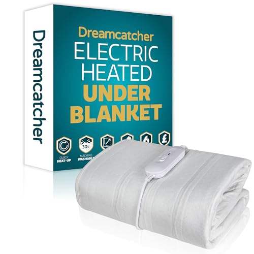 Dreamcatcher Single Electric Blanket 135 x 65cm, Soft Polyester Electric Blanket Fitted Underblanket Mattress Cover, 3x Heat Settings, 1x Controller and Machine Washable Heated Blanket