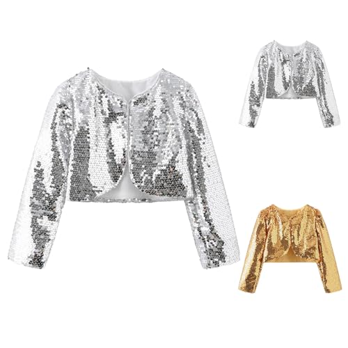 Girls Sequin Dance Cardigan Tops Long Sleeve Zipperless Jackets Kids Trendy Cheerleader Plain (Silver, 9-10 Years)