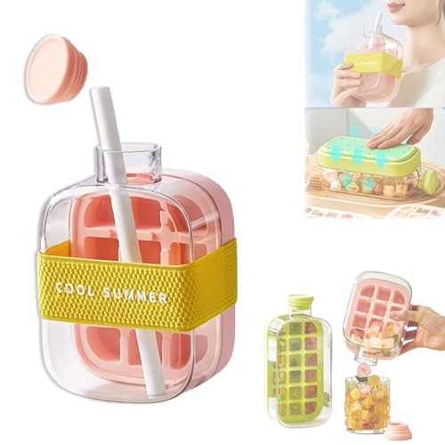 Máquina de hielo creativa con hervidor portátil, botella de agua 2 en 1 con compartimento para hielo y pajita, botella reutilizable portátil para hacer cubitos de hielo (500ml,Pink)