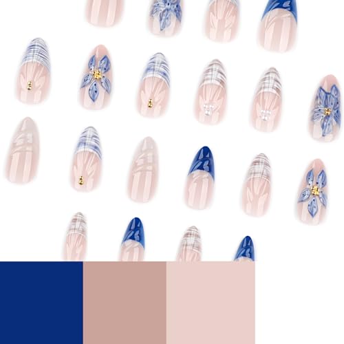 Image of Flower Nail Press ons French Tip Press on Nails Ocean Shell Fake Nails Glossy Full Cover Glue on Nails Artificial Acrylic Stick on Nail Medium Almond False Nail for Women Girls Manicure 24Pcs
