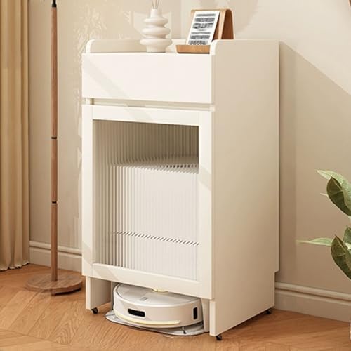 Robot Vacuum Stand with Storage Rack, Mobile Sweeping Robot Cabinet, Hidden Side Table with Glass Door for Home Office, Modern White Organizer for Smart Cleaners